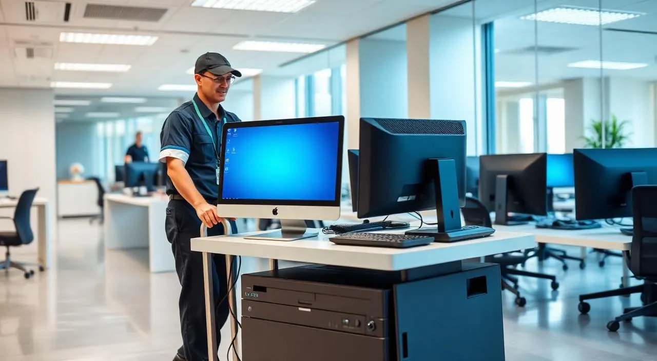 Coleta de computadores corporativos em escritório com técnico uniformizado