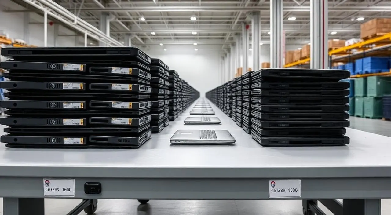 Logística reversa de notebooks corporativos empilhados ordenadamente para triagem